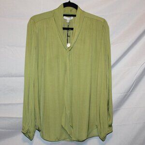 Maison d'Amelie, Blouse, XL, Chartreuse Green, Long Sleeve, Neck Tie, Polyester